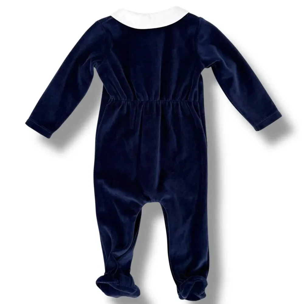 Edgehill Collection Baby Boy Navy Velour Footed Romper Sz 3M Peter Pan Collar